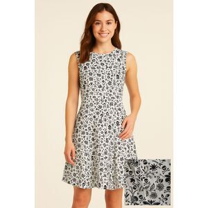Teen XS Black & White Floral Skull Fit-n-Flare Dress – Edgy A-Line Sleeveless